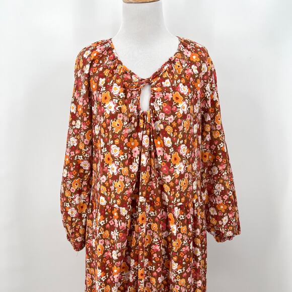 LACAUSA Berkeley Ruffle Midi Dress Womens XS Burnt Orange Floral Balloon Sleeves - Picture 5 of 16